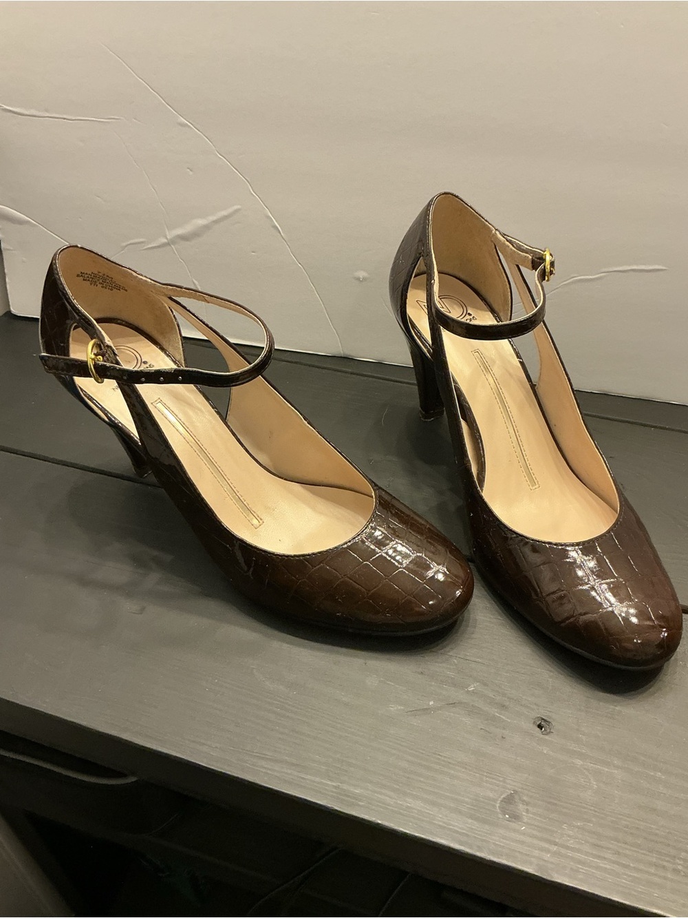 new directions Dark Brown Croc-Embossed Mary Jane Heels with Ankle Strap